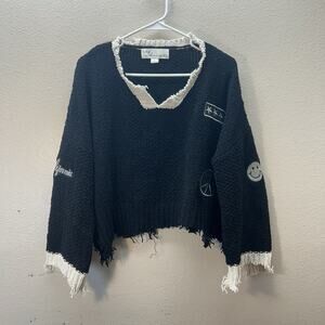 Vintage Havana Black Fringe Distressed Pullover Sweater Embroidered Patchwork S